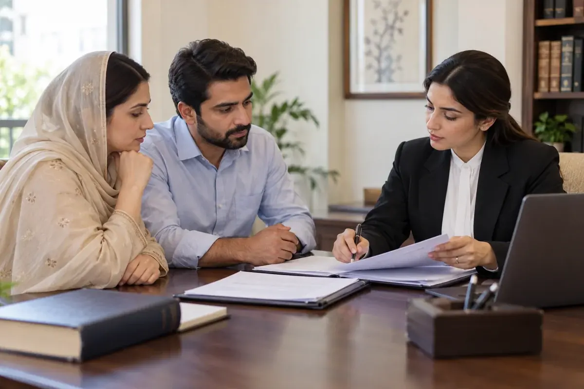 Family Lawyers In Pakistan Illustrative family-law consultation about divorce, custody and legal documents in Pakistan