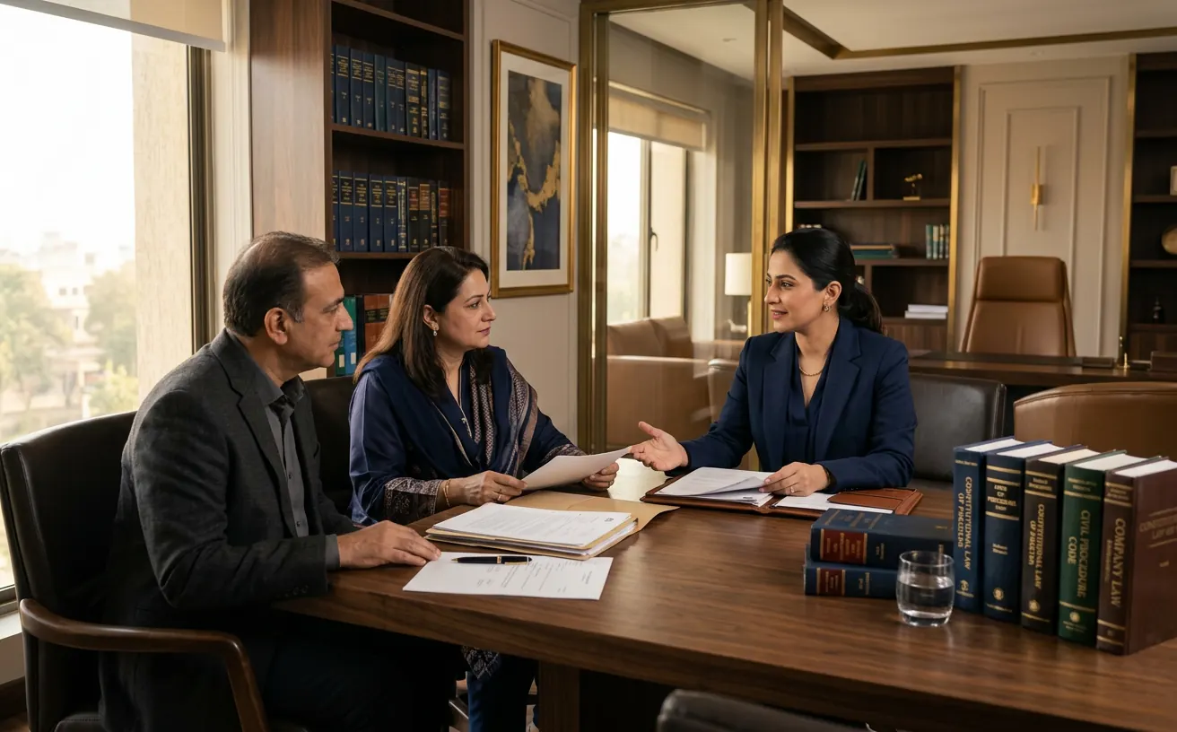 Lawyer consulting with clients in a professional office